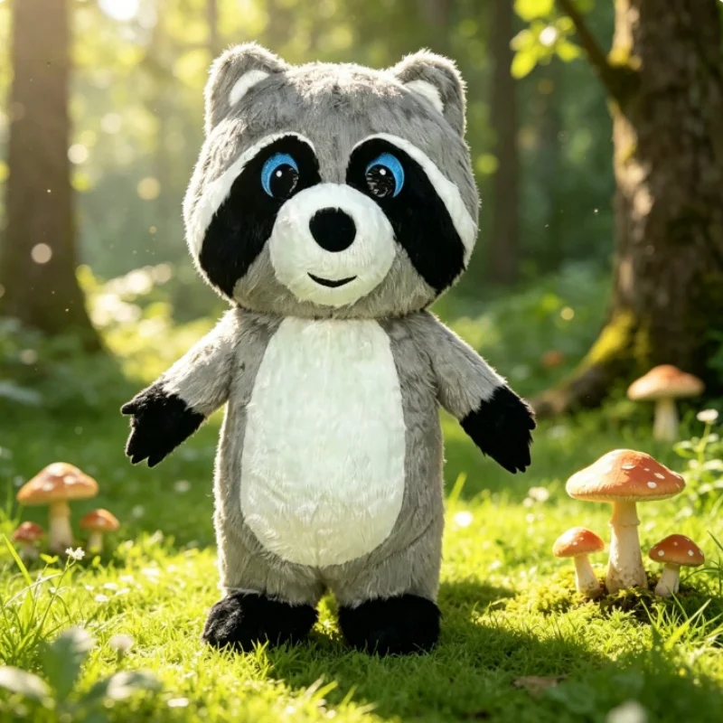 Costume de mascotte de raton laveur gonflable en peluche grise, idéal pour Halloween, Noël, fêtes amusantes, jeux de rôle, spectacles de rue et déguisements.