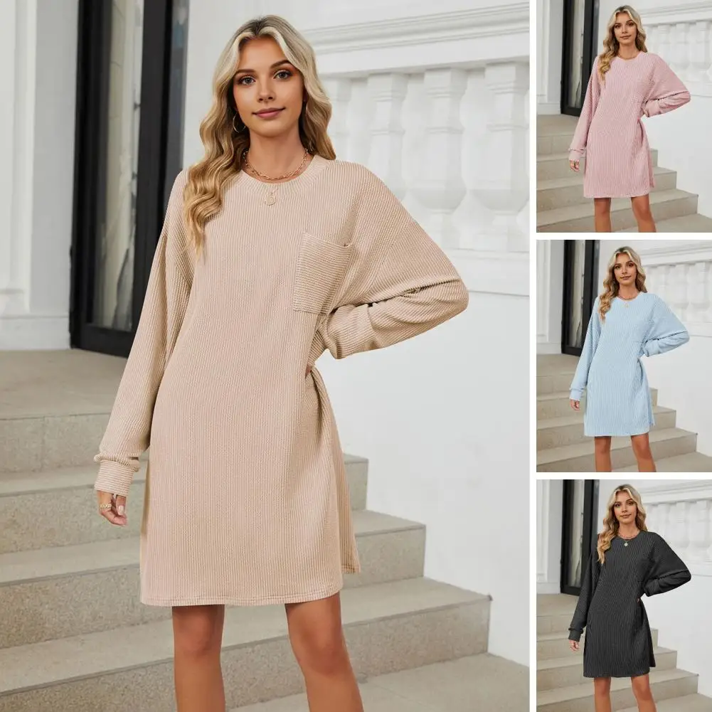 

Lady Dress Elegant Knee-length Midi Dress with Chest Pocket Long Sleeves for Autumn Spring for Commuting or Dating Outfits Wear