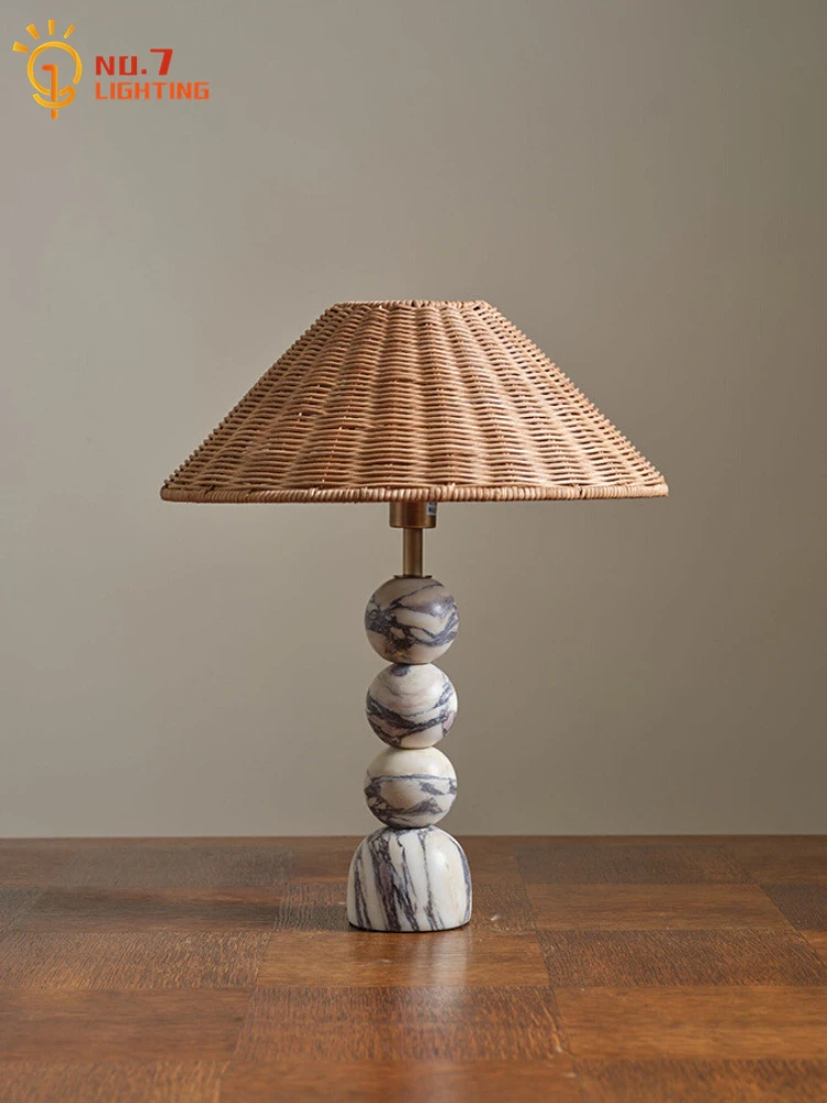 Nordic Designer Wabi-Sabi Marble Table Lamp LED E27 Rattan Weaving Desk Lights Hotel Living/Model Room Bedroom Bedside Study Bar