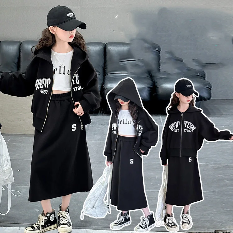 

Korean Autumn Children Girl 2pcs Set Letter Printed Long Sleeves Kids Girls Suit Hooded Coat+Elastic Waist Skirt 4-14Y Girl Suit