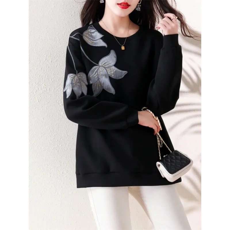 Women's Black Loose Sweatshirt 3D Floral Embroidery Silver & Gold Thread Decor Mid-Length Casual Long Sleeve Top