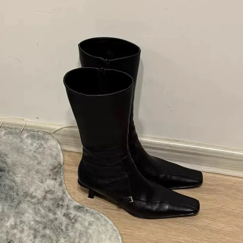 

Retro Black Modern Knee-High Boots Square-Toed Skinny Elastic Botines Soft Leather Block Heels Mid-Calf Botas Femininas