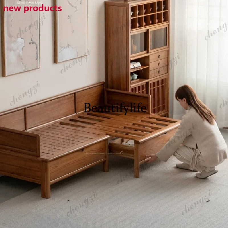 A68Ximu Workshop New Chinese Push-pull Arhat Bed Living Room Multifunctional Storage Solid Wood Foldable Sofa Bed