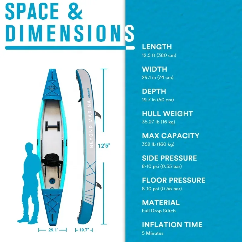 Newly Upgraded 12.5 Feet 1 Person Drop Needle Kayak Single Inflatable Kayak With One Seat