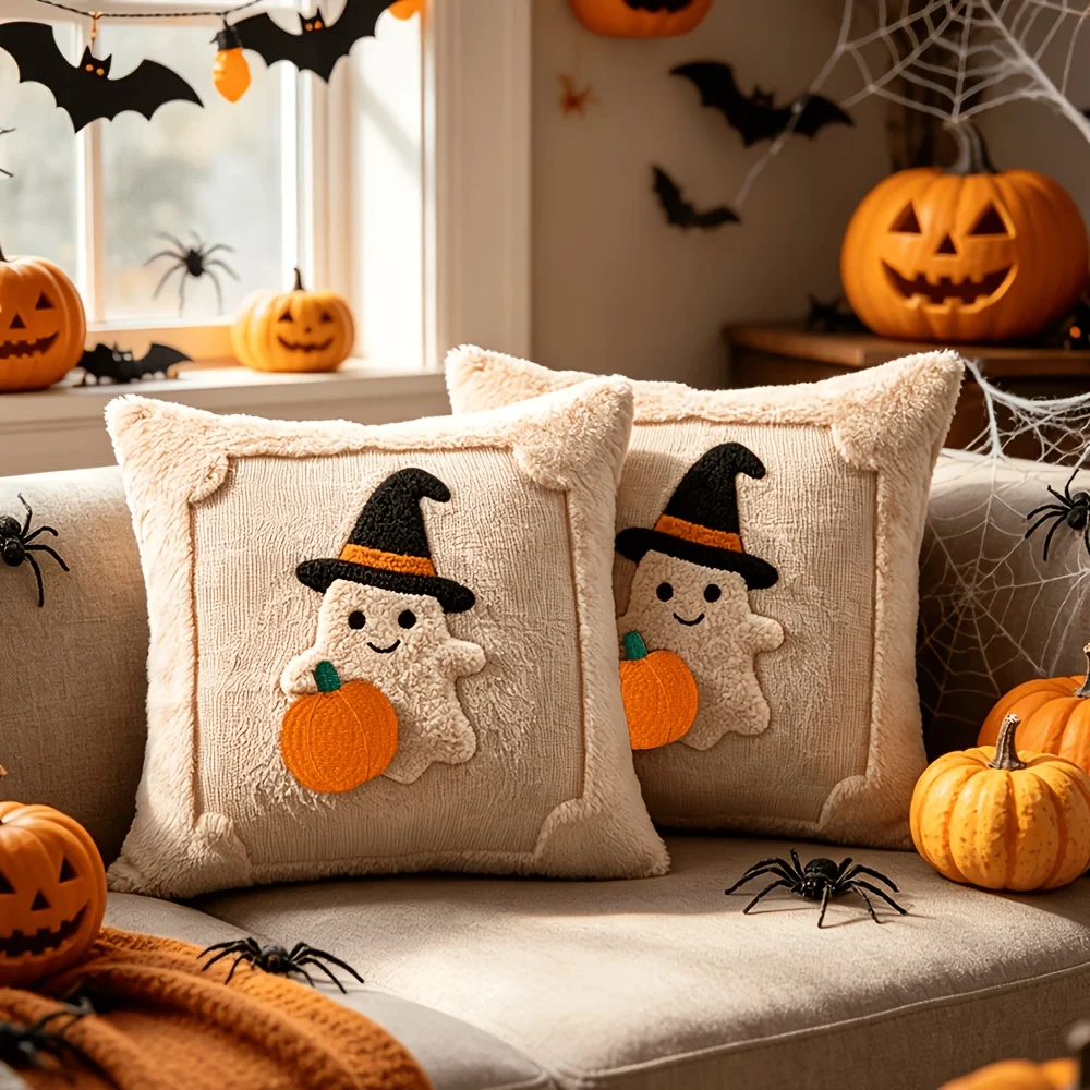 1 Piece Plush Halloween Magic Hat Ghost Pumpkin Pillow Cover. Ghost Carrying Pumpkin Wearing a Magic Hat Decorative Pillow Cover, Suitable for Halloween, Thanksgiving, Christmas Decorations, and for Decorating Bedrooms, Living Rooms, and Sofas, Halloween and Christmas Gifts