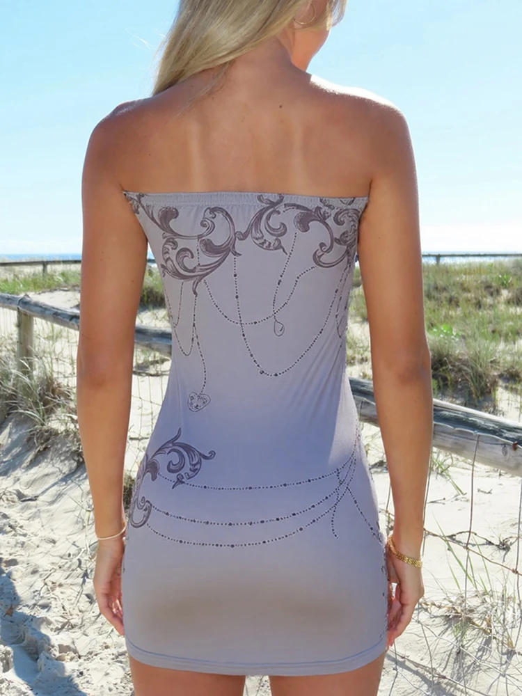 Weird Puss Metal Rings Dress Women Skimpy Backless Strapless Patchwork Graphic Print Sexy Midnight Clubwear Party Mini Bodycon