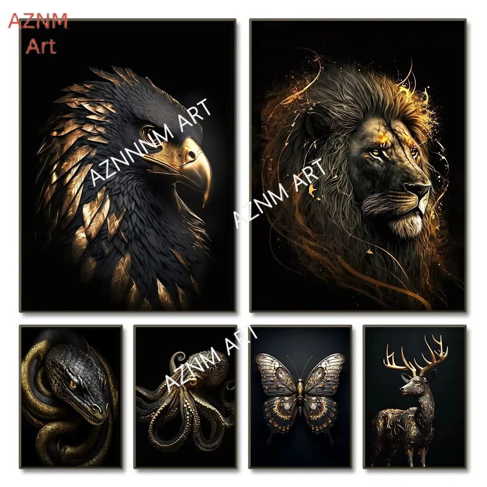 1PC Schwarz Gold Adler Löwe Leinwand Malerei Metall Poster Wand Kunst Nordic Deer Tiger Wolf Schwan Ästhetischen Bild für zimmer Dekor