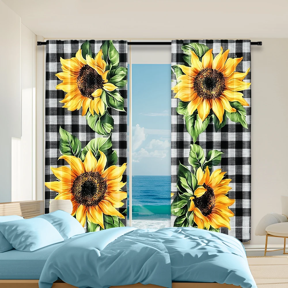 2Pcs Elegant Curtain Plaid Sunflower Print Window Curtain Charming European Style Design Vintage Window Decoration For Kitchen