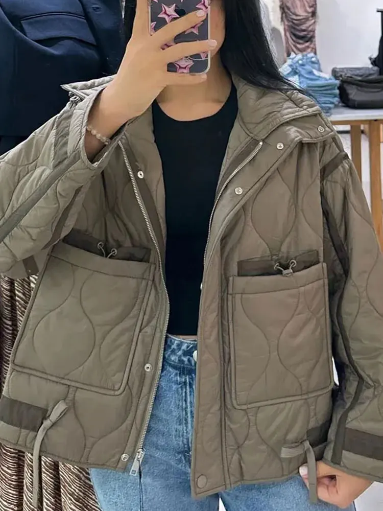 HH Women's Winter Cotton Jacket Retro Solid Color Stand Collar Jacket Women's Elegant Large Pocket Quilted HighStreet Jacket