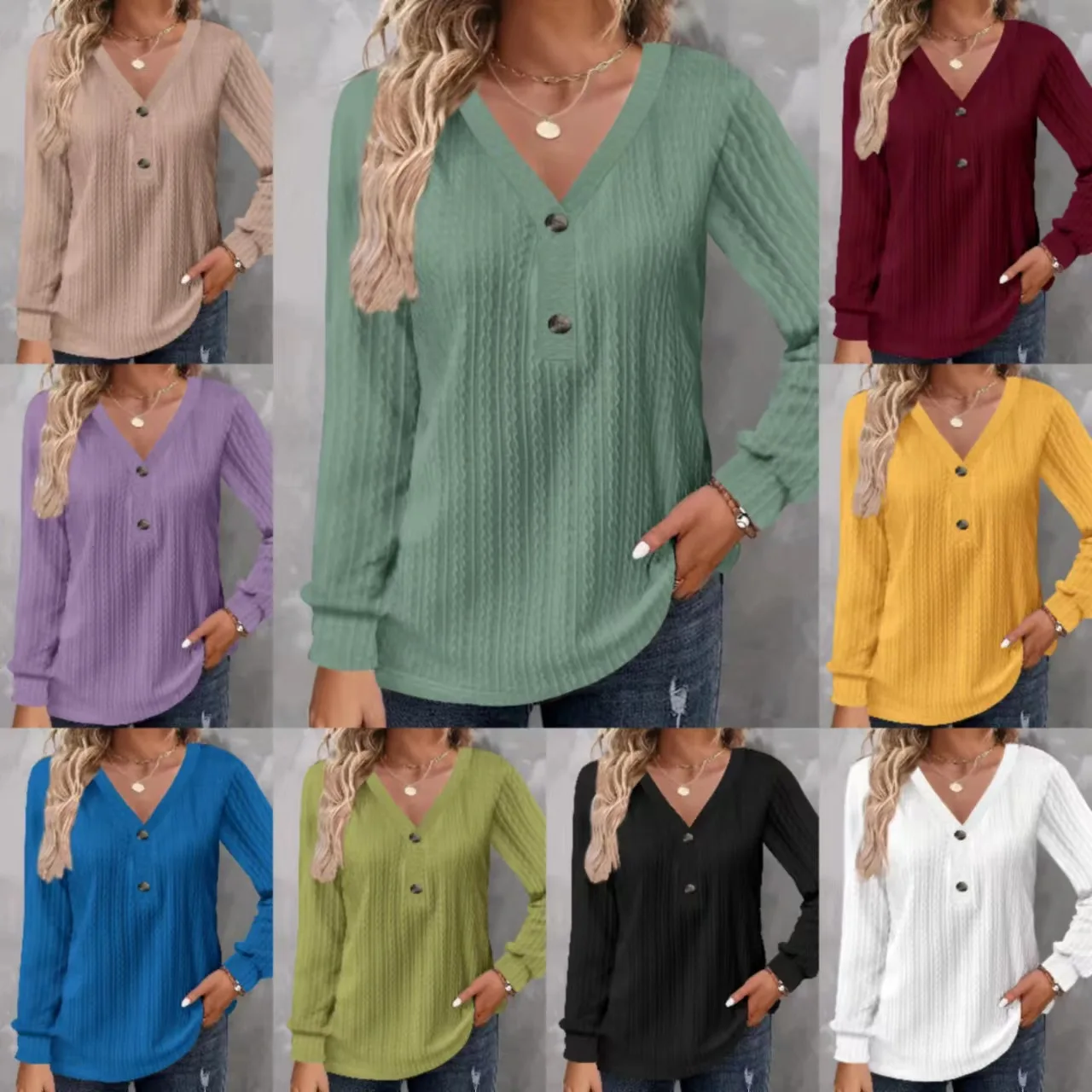 

Y2K autumn and winter new women's fashion button-down long-sleeved solid color V-neck T-shirt striped casual loose top