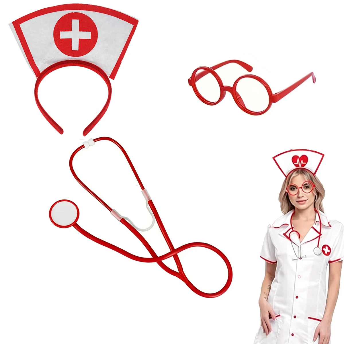 5-teiliges Kinder-Krankenschwester-Doktor-Cosplay-Set Krankenschwester-Stirnband Stethoskop Brille Halloween-Party Rollenspiel-Kostüm-Requisiten – Detail 1