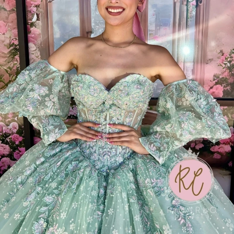 Sage Green Shiny Princess Ball Gown Quinceanera Dress Off The Shoulder Applique Lace Beads Tull Sweet 16 Dress Vestido De 15Anos