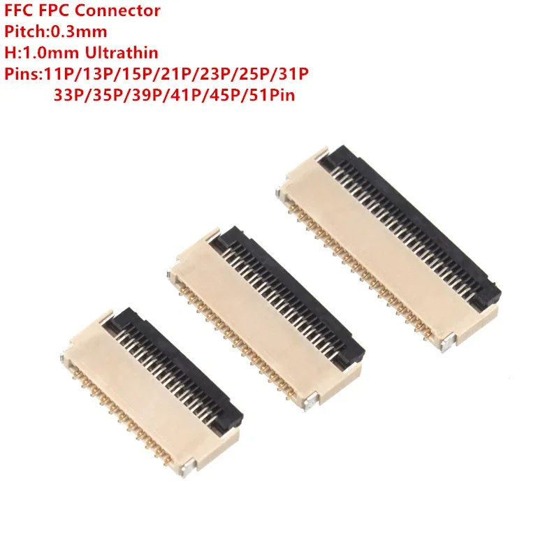 5pcs Fpc 0.3mm Flexible Cable Connector Socket Clamshell Bottom Contact Type 11p/13/15/21/23/25/31/33/35/39/41/45/51 Pin