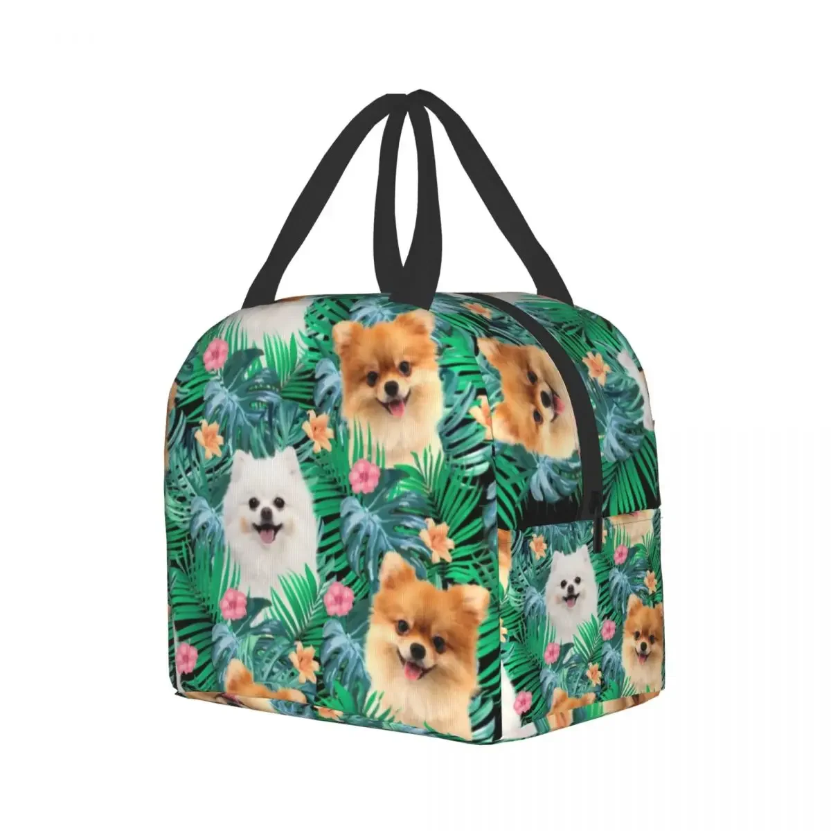 Pomeranian Dog With Summer Leaf Insulated Lunch Bag for School Office Pet Spitz Resuable Thermal Cooler Bento Box Women Kids