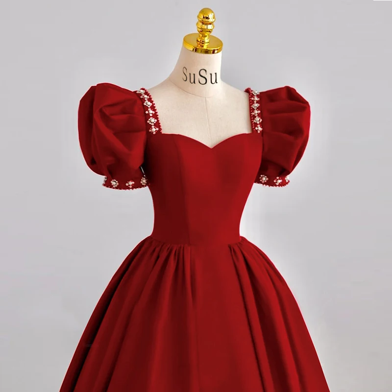 

Красное атласное женское платье с квадратным вырезом и коротким рукавом для свадебной церемонии, выступлений и торжеств, с завышенной талией, длинная юбка