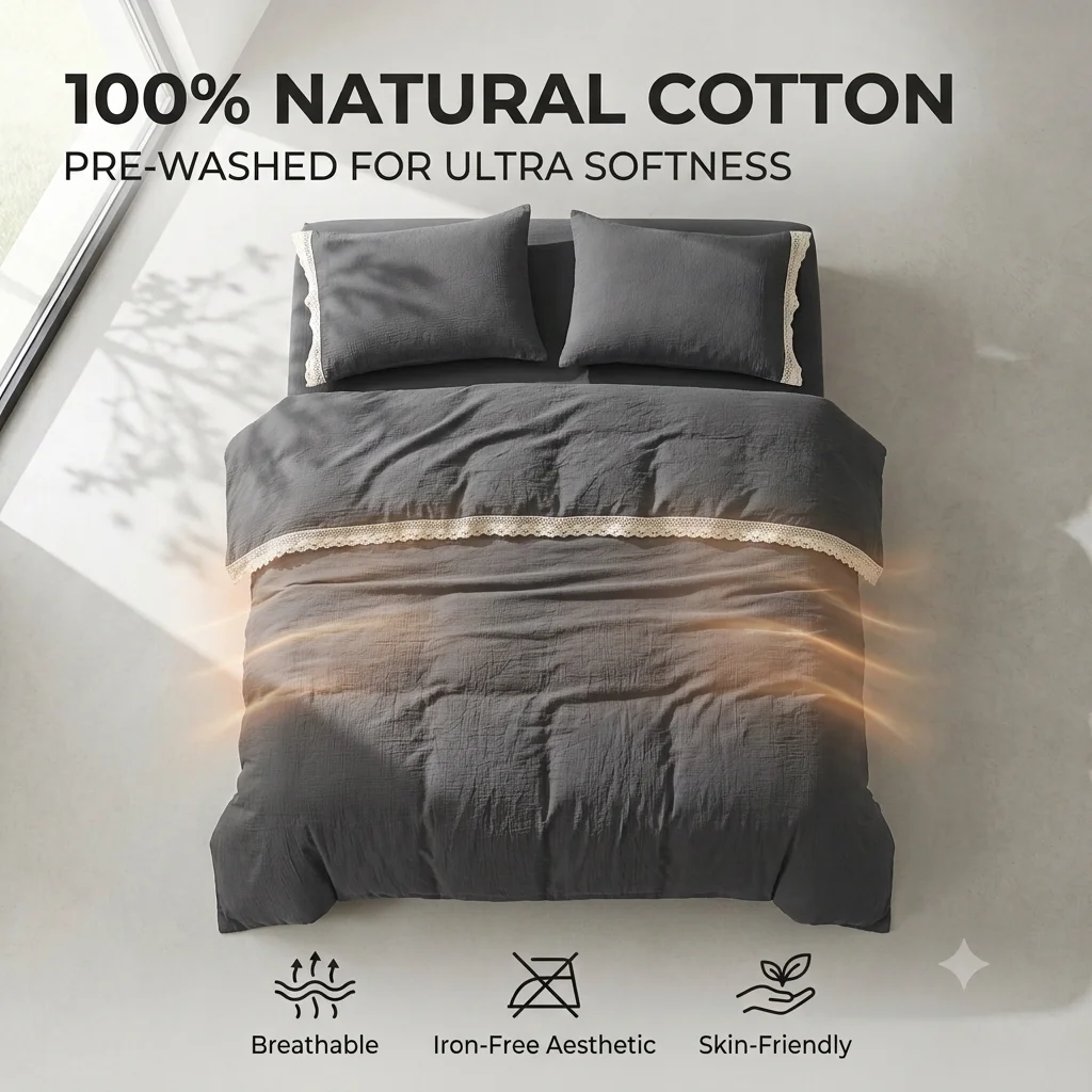 100% Cotton Bedding Set Premium Washed Comforter Cover Vintage Lace Fitted Sheet Pillowcase Set High Density Quilt Cover