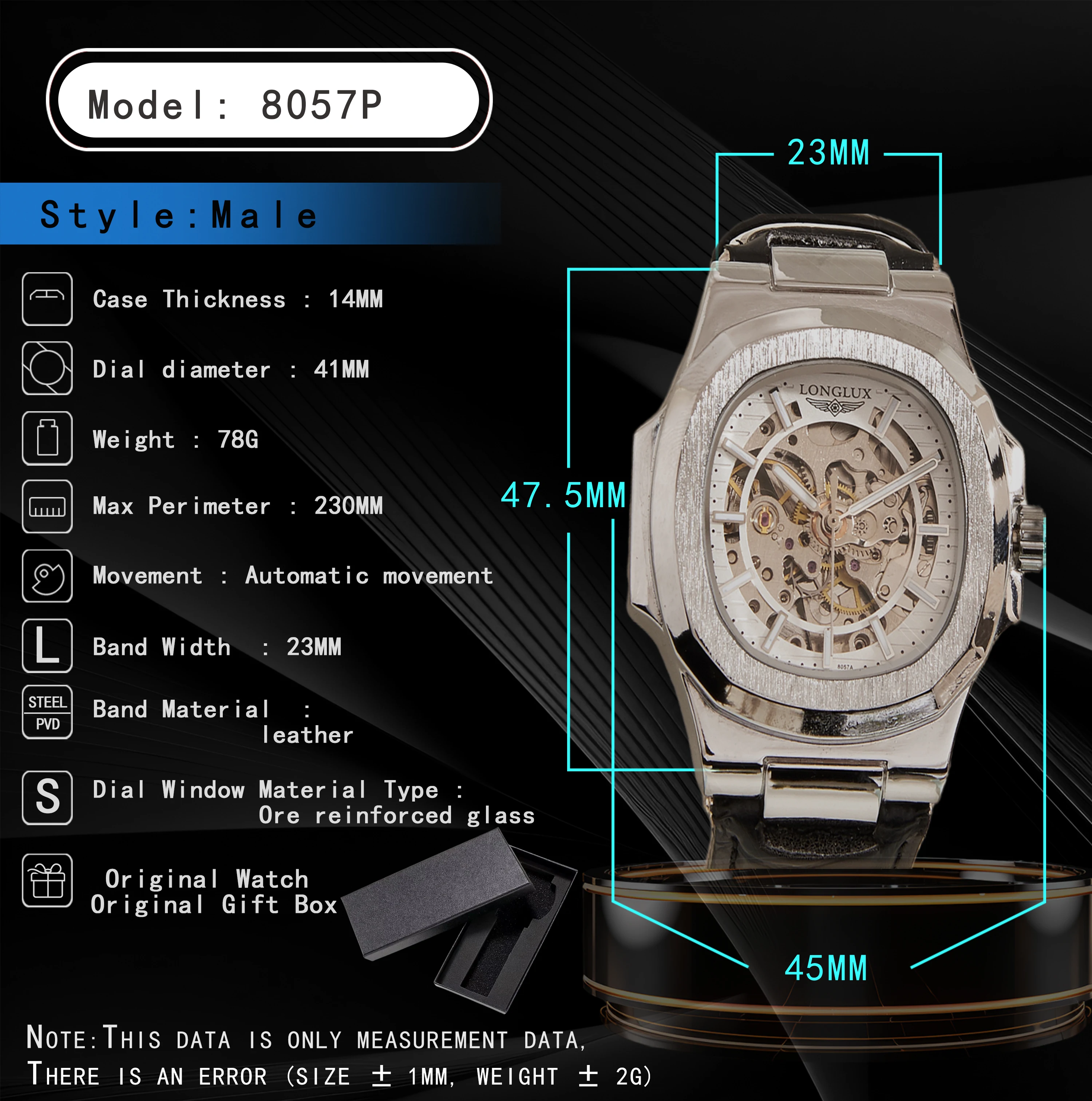 LONGLUX automatic watch sport style wholesale mechanical wristwatches fashion hollow leather mens watch men gift