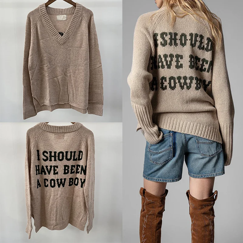 

Женский кашемировый топ цвета хаки, свободный свитер с v-образным вырезом и буквами, женские вязаные пуловеры с длинными рукавами, повседневные женские свитера, зимние джемперы