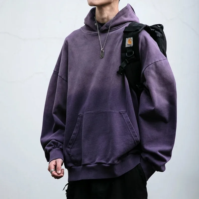 

Mens Heavyweight Cotton Hoodie Oversized Streetwear Spring Autumn Garment Dyed Washed Ombre Pullover High Quality Sweatshirt