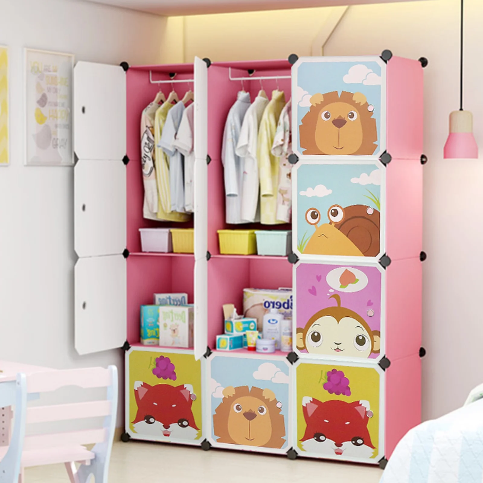 Armoire pour enfants, étagère extensible pour enfants, bibliothèque avec portes et 2 cintres, 111 x 37 x 147 cm