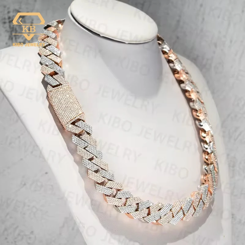 

Iced out two tone vvs moissanite necklace 925 sterling silver rose gold plated big huge 18mm cuban link moissanite chain