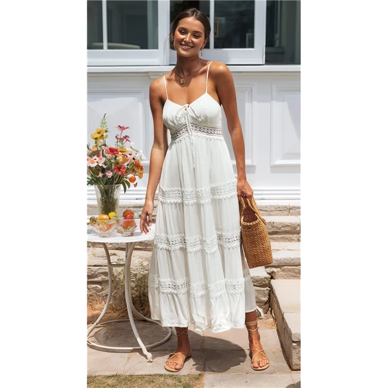 ABRT-Women's Boho Crochet Lace Maxi Dress Solid Color Summer Vacation Spaghetti Strap Long Dress