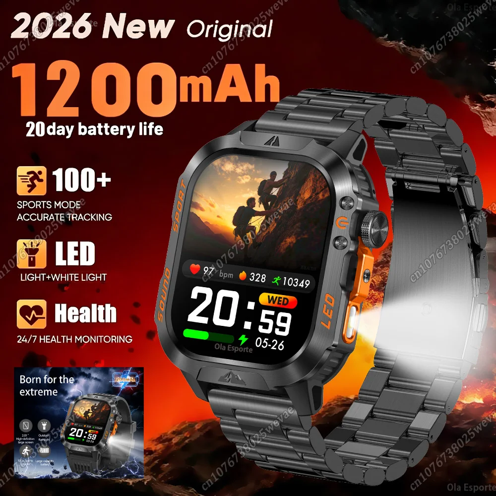 

New Military Outdoor Smart Watch Men’s 1200mAh Battery Flashlight BT Call 2.01" AMOLED Screen Waterproof Sports Smartwatch HT30