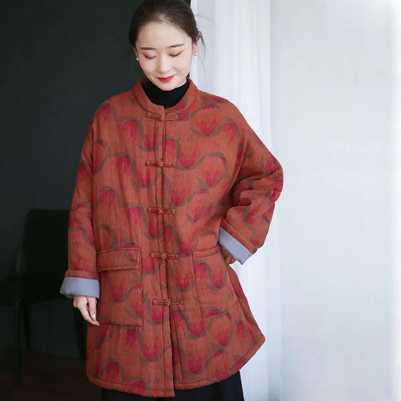 Winter Cotton Linen Printed Cotton-Padded Jacket Loose Version Of Women's Disc Buckle Chinese Coat Retro Medium Long With Pocket