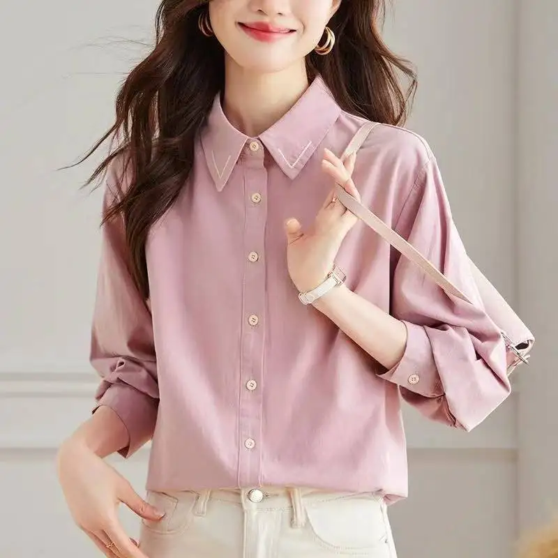 

Ele Collar Commute irt Women's Long Sve Spring Autumn Faionable Unique Top Korean Sle Loose Fit Button Detail