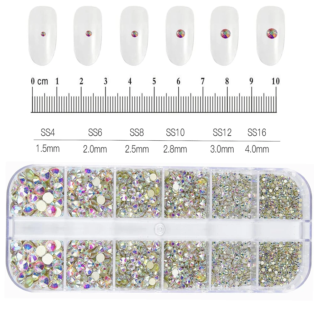 1,5 mm-5 mm Champagnerglas-Kristall-Nagelkunst-Edelsteine, 12 Gitter, flache Rückseite, SS4-SS16, gemischte Nagelkunst-Strasssteine, nicht Hotfix-Diamant-Nageldeko