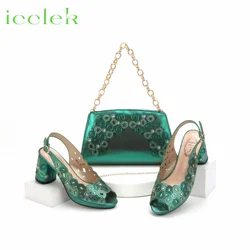 Hot Selling Summer Hollwo Design Peep Toe High Heel Ladies Shoes Matching Bag Set For Party in Green Color