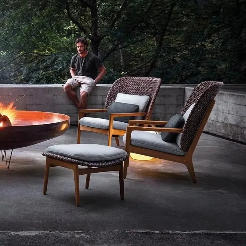 High Back Teak Rocking Chair with Comfort Cushion Natural Finish Upholstered Outdoor Fabric Seat Low Back for Garden or Hotel