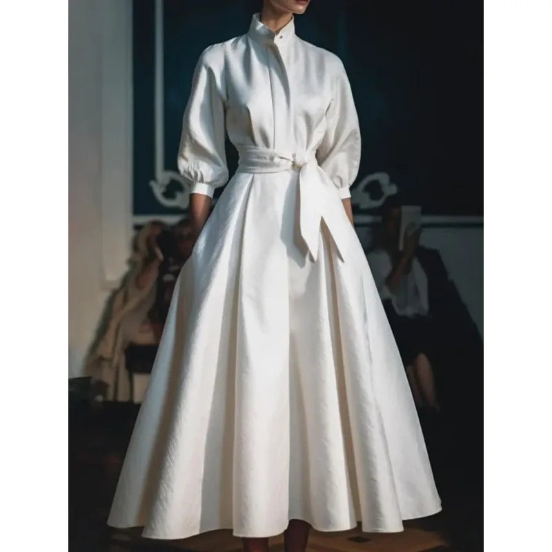 Women's high-end temperament elegant shirt dress long-sleeved stand-up collar white minimalist A-shaped pleated wedding guest