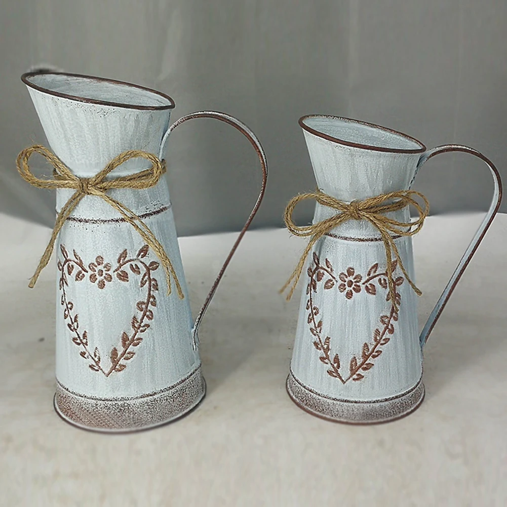 Dried Flower Vase Country Style Galvanized Bouquets Planter Decorative Flower Arrangement Pot with Handle for Garden Living Room
