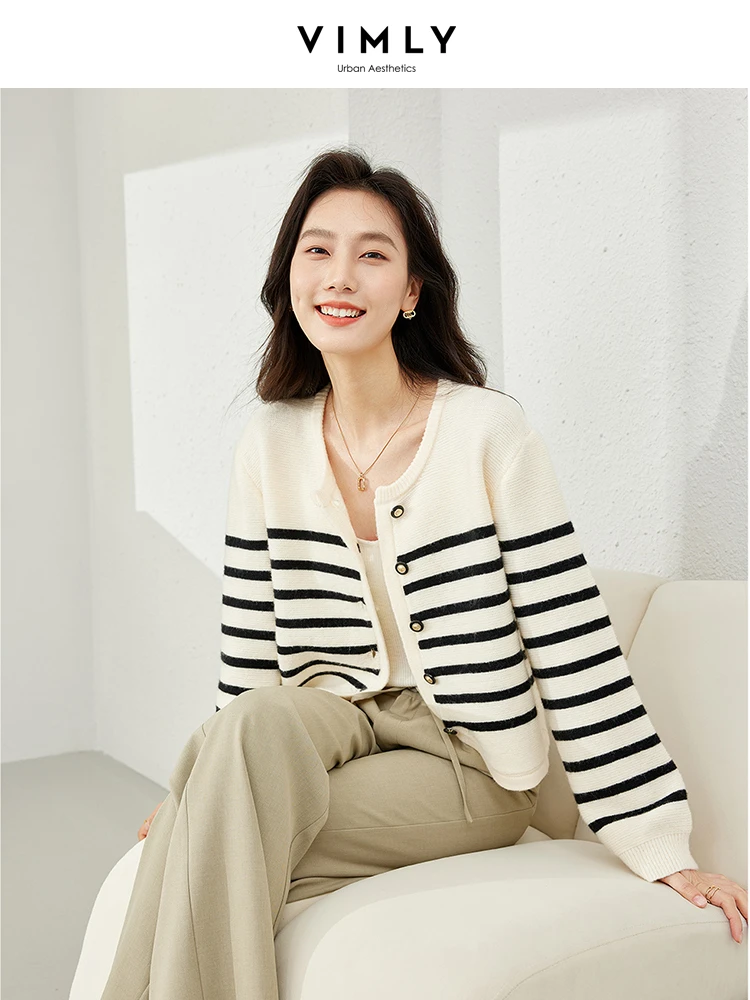 Vimly Striped Round Neck Cropped Knitted Cardigan 2024 Spring French Style Elegant Knit Women Top High Stretth Knitwear 72591