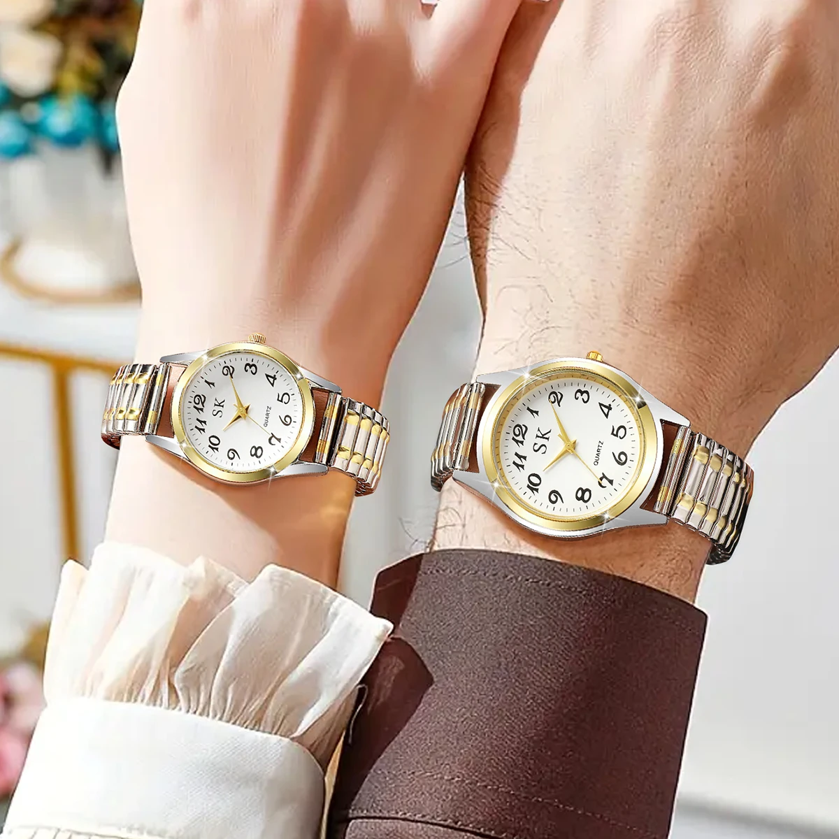 2PCSFashion Stretch Elastic Band Couple Watches Set Men Women Quartz Wristwatch Arabic Dial Casual Gift Reloj Pareja（Without Box