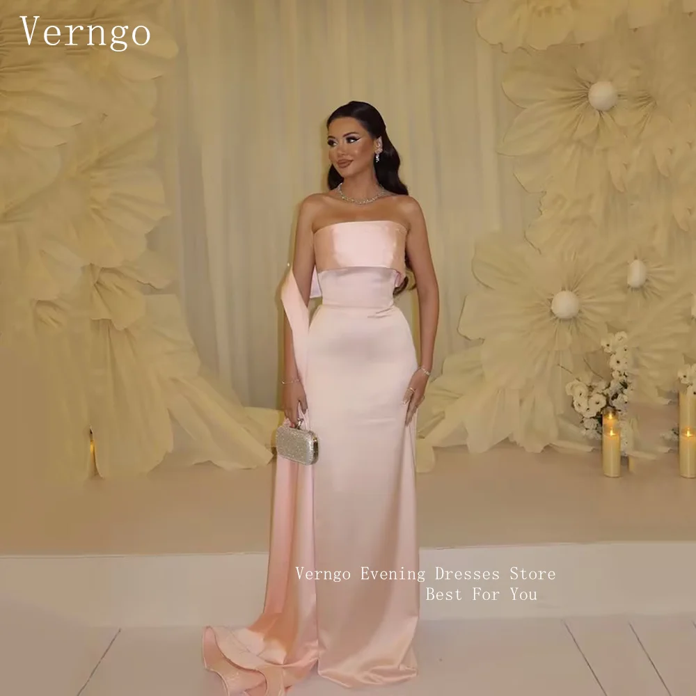 

Verngo Simple Pink Satin Evening Dress Strapless Mermaid Scarf Prom Gowns Modern Maxi Prom Party Dresses Customized