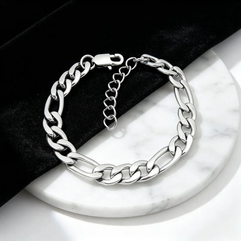 Gold / Silver Simple Polished Bracelets for Mens Figaro Cuban Link, Stainless Steel Jewelry 7.5mm 8inch KB215217-KGM
