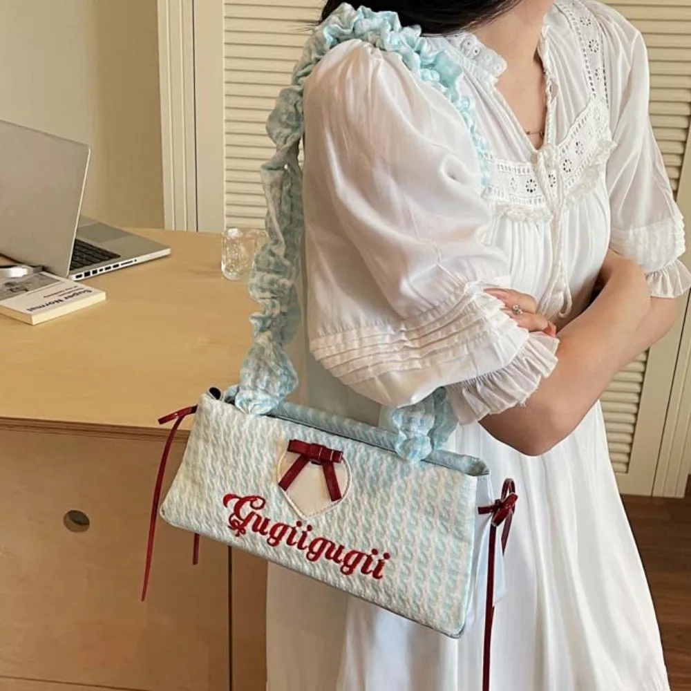 

Drawstring Shoulder Strap French Stick Handbag Pleated Bow Ribbon Plaid Shoulder Bag Large Capacity Korean Style