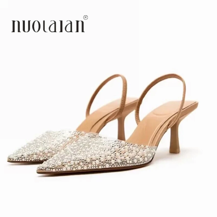 Summer Womens Pointed Toe High Heels Sandals Sexy Woman Shoes Fashion Pearl Decoration Party Wedding Slingback Woman Sandal Shoe