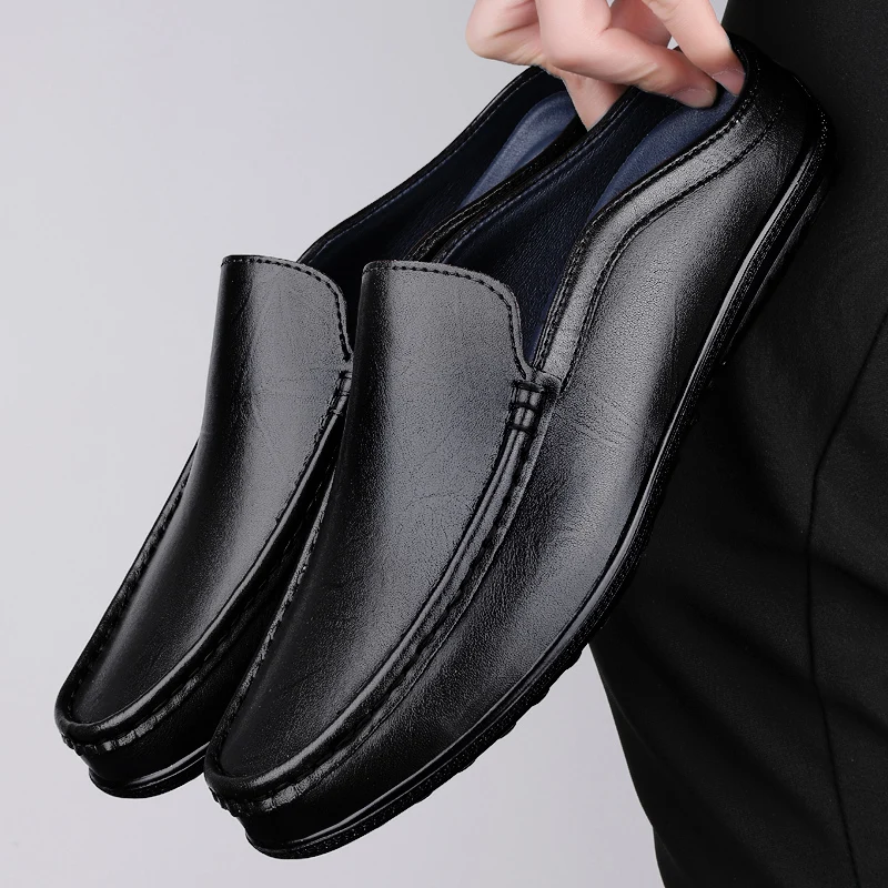 Men's Business Casual Backless Loafers Soft Leather Open Back Mules Slip on Non-slip Dress Shoes for Office/Work Classic Black