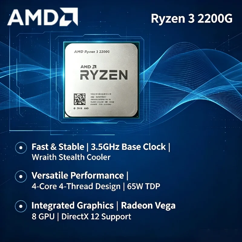 

Original AMD Ryzen 3 2200G 4 Core 4 Thread 3.5GHz Base 3.7GHz Boost 14nm AM4 4MB L3 Vega 8 Graphics 65W Desktop APU Tray