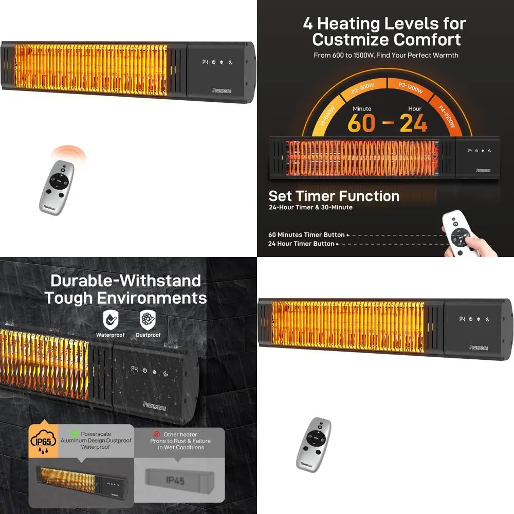 

Водонепроницаемый обогреватель для патио мощностью 1500 Вт с дистанционным управлением, 4 настройками нагрева, таймером 24 часа, настенным креплением для наружного/в помещении