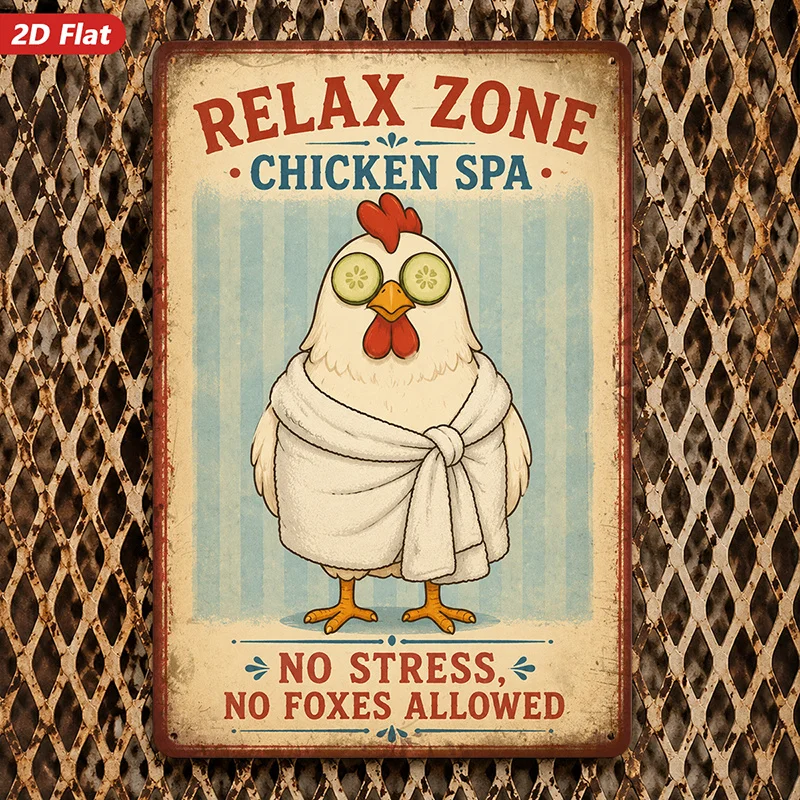2D Flat, 1pc Chicken Spa Relax Metal Sign Wall Art, Relax Zone Text, Suitable for Bedroom Studio, Chicken In Towel, Cucumber