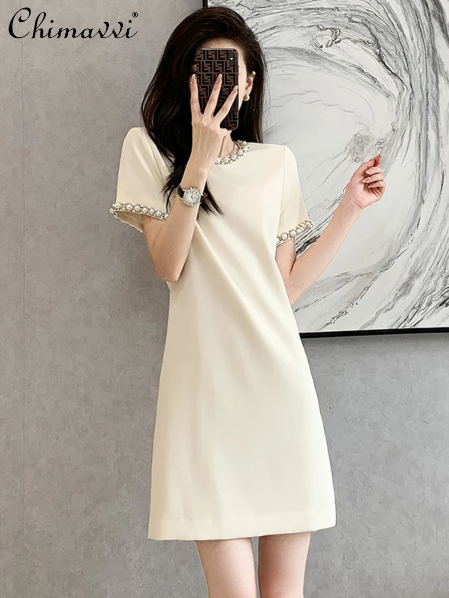 

Heavy Industry Beads Short Sleeve Dress 2024 Summer New Fashion Round Neck Slim-fit Temperament Party Above Knee Ladies Dress