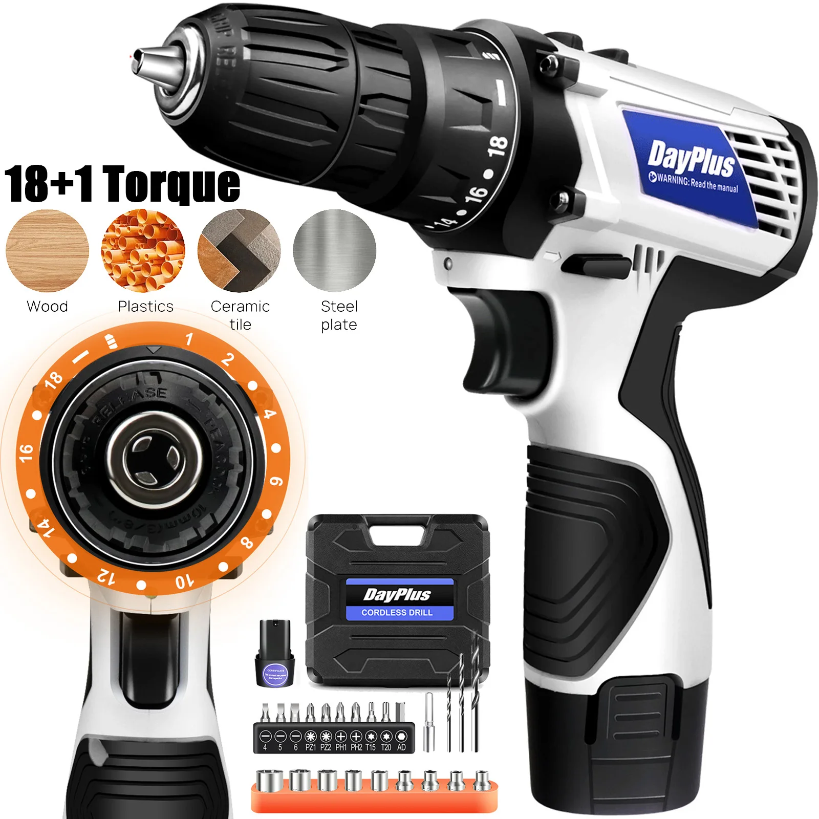 DayPlus 16.8V Mini Cordless Drill Driver Kit, 3/8