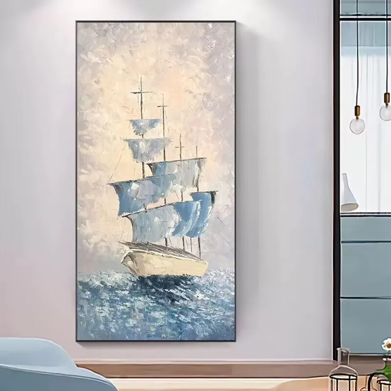 Nordic Abstract Sea Sailboat Handmade Oil Painting, Living Room Decoration, Modern Sofa Background, Wall Hanging Painting