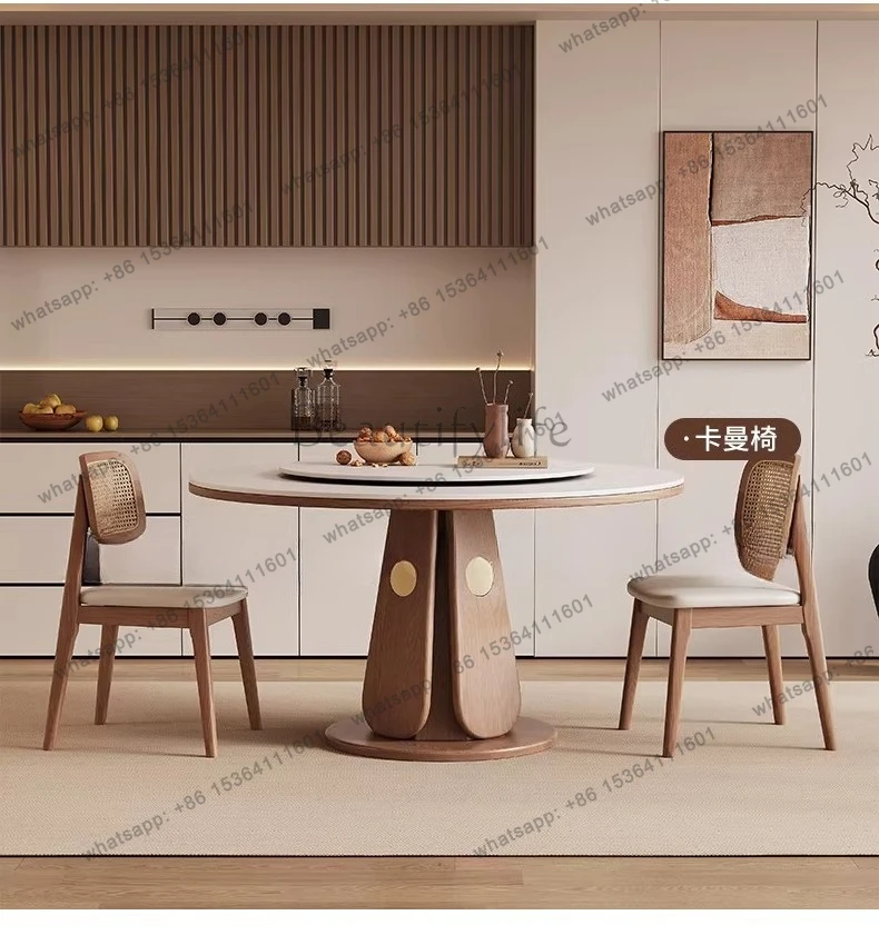 Medieval rock slab dining table with turntable Small apartment walnut solid wood round table