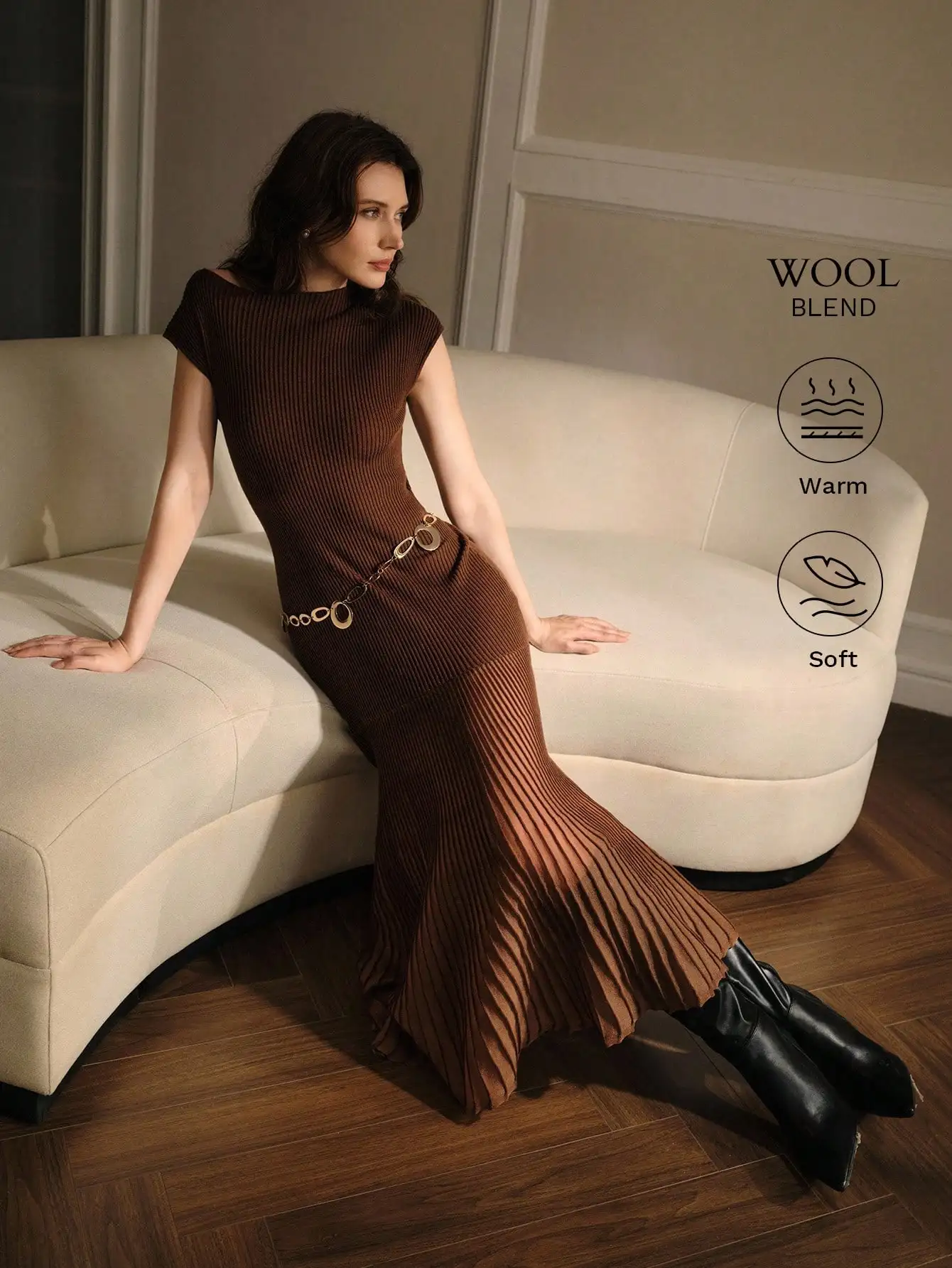 

Элегантное женское трикотажное платье-русалка с поясом, теплая шерстяная смесь для осени/зимы