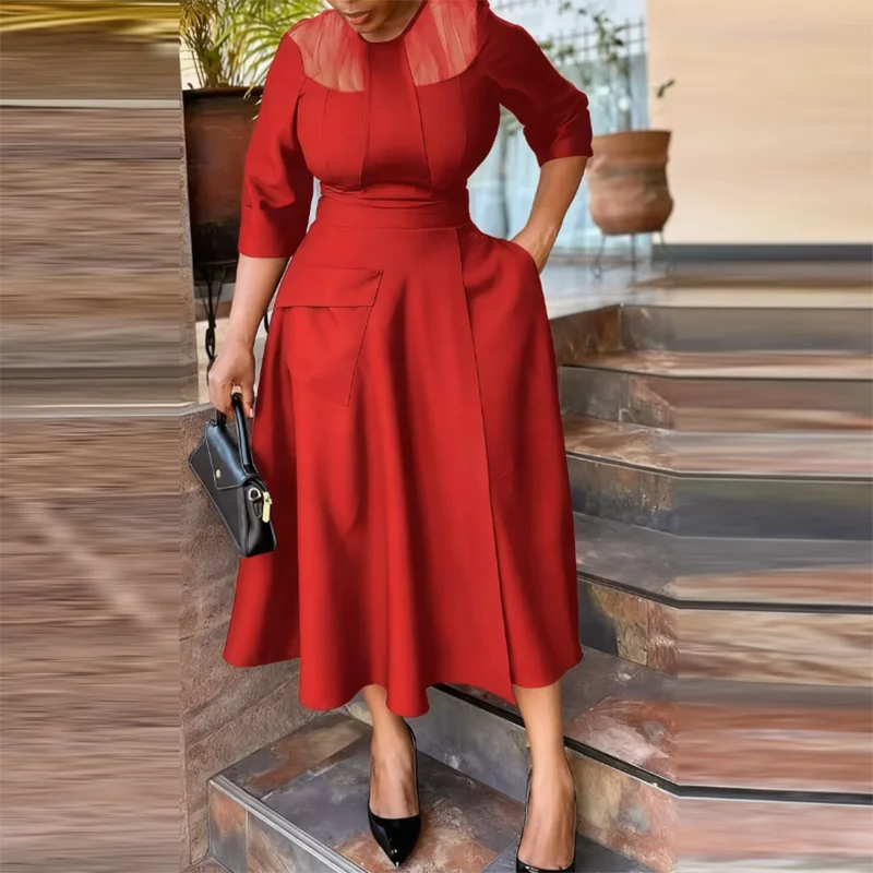 Elegante dame woon-werkverkeer grote zoom jurken temperament gesmoorde taille effen kleur a-lijn jurk zomer geplooide avondjurk met halve mouwen